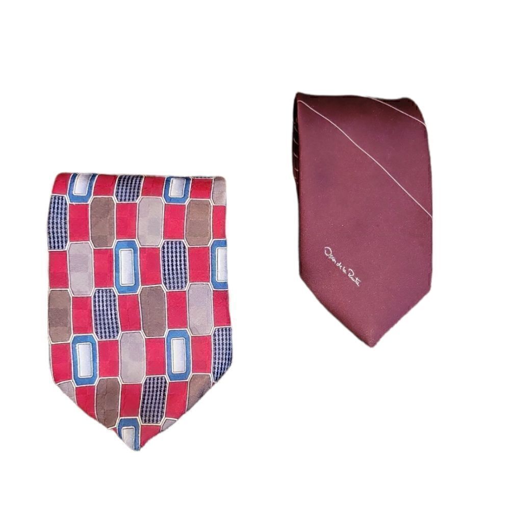BUNDLE 2 Vintage Oscar De La Renta Couture Red Blue Silk Tie Burgundy Tie